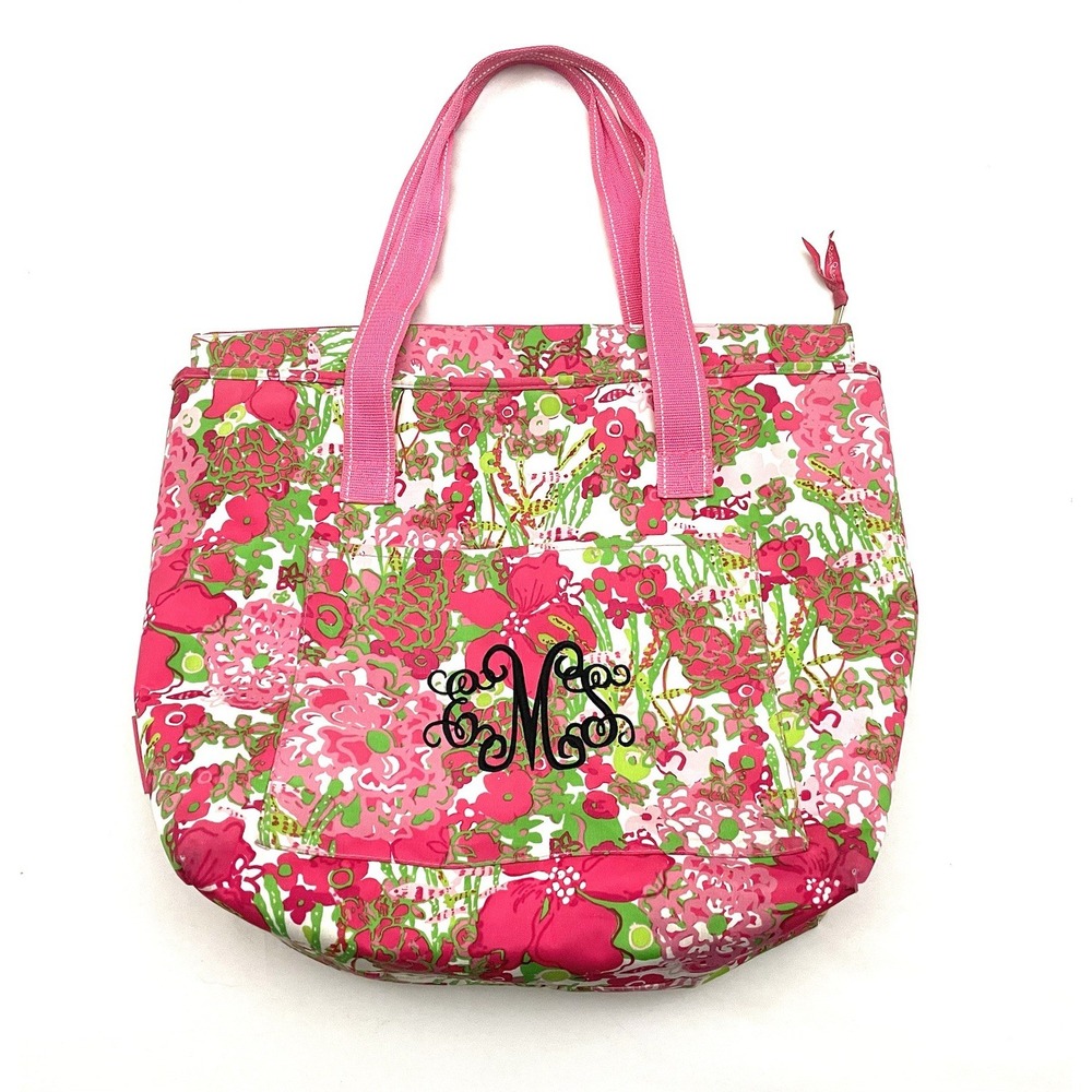 Lilly Pulitzer Pink Floral Beach Tote Bag Colorful Zipper‎ Pockets Embroidered